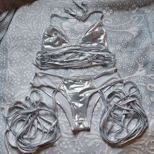 Dolls Kill Lace Up Lover Silver Metallic Rave Festival Bikini Lingerie Set